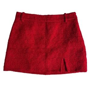 Zara Red Tweed Textured Mini Skirt Boucle High Waisted Front Slit Womens Size XS